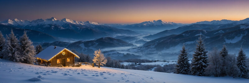 A serene Christmas winter landscape at dusk, with snow-covered mountains in the background and a peaceful valley below. The Star of Bethlehem shines brightly in the evening sky, illuminating the snowy scene as the first hints of moonlight begin to emerge on the horizon. The scene captures the magic of Christmas Eve, with a soft glow of twilight and snowflakes gently falling, evoking a sense of warmth and festive wonder.