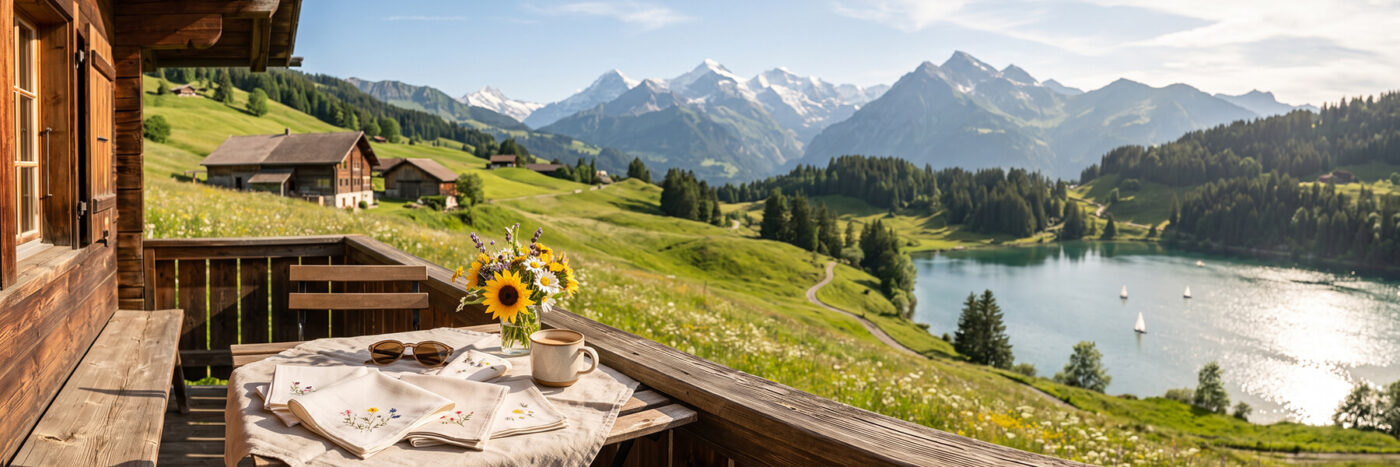 Balkon einer Alphütte mit gedecktem Tisch, bestickten Stofftaschentüchern, Sonnenblumenstrauss und Blick auf Schweizer Bergpanorama und einen See